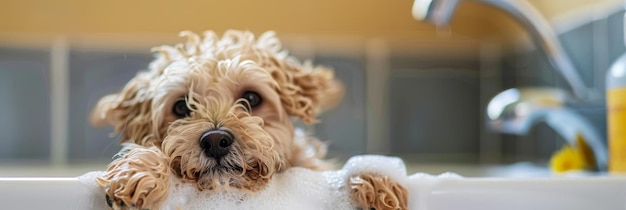 Photo a cute fluffy dog is relaxing in a bathtub full of bubbles symbolizing cleanliness grooming