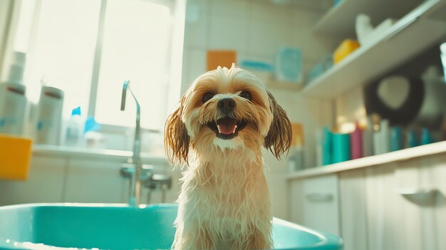 Photo a cute fluffy dog sits in a blue tub looking up with a happy expression the dogs fur is