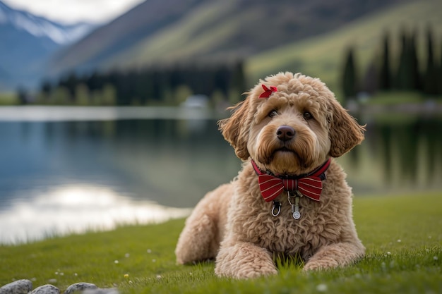 Cute Fluffy Dog with Red Bow on Lush Green Lawn and Mountain View generative AI