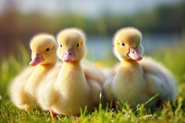 Cute fluffy duckling on green grass outdoors Generative AI