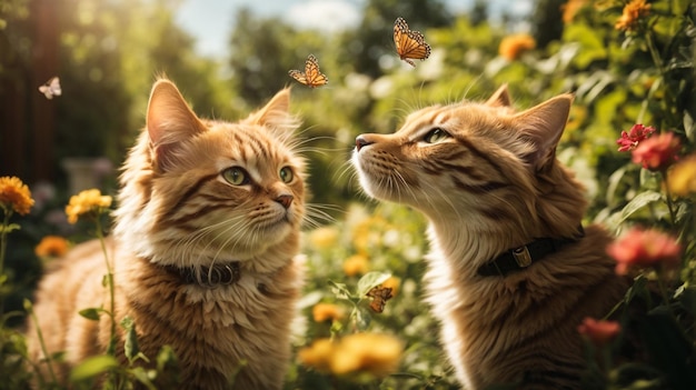 cute fluffy friends a cat and a dog catch a flying butterfly in a sunny summer garden