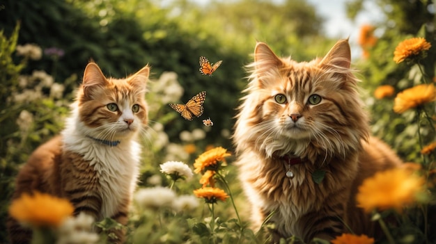 cute fluffy friends a cat and a dog catch a flying butterfly in a sunny summer garden