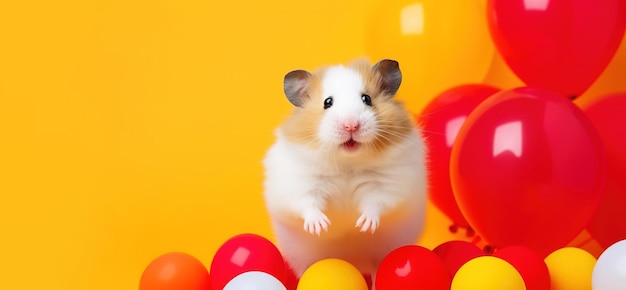 Photo cute fluffy hamster on a festive yellow background with balloons. banner, copy space. high quality photo