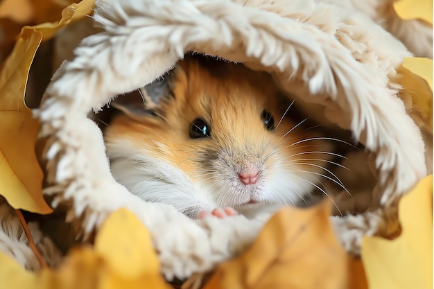 Photo cute fluffy hamster in warm cozy autumn fur an adorable animal pet in yellow leaves