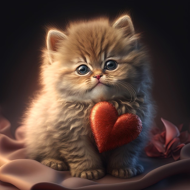 Cute fluffy kitten hugging red heart Valentine's Day greetings from romantic cat holding heart Generative AI