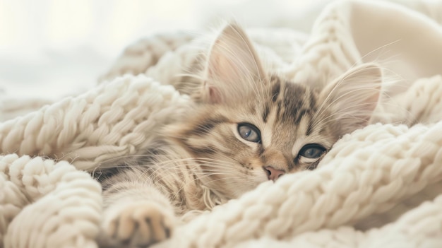 Cute fluffy kitten resting in cozy blanket on a lazy day