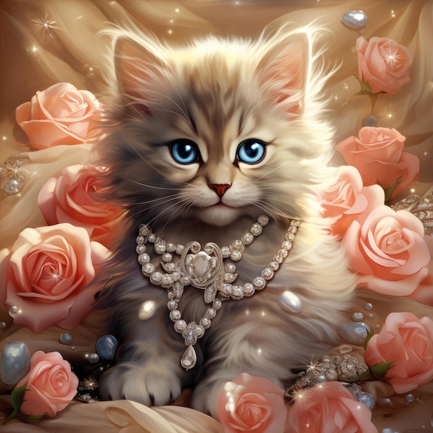 Cute fluffy kitten wearing a pearl necklace next to pink roses