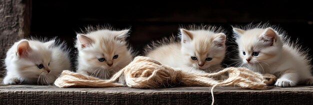 Photo cute fluffy kittens playing with yarn