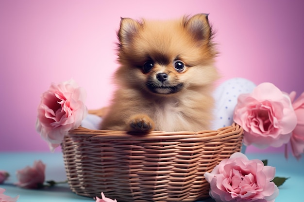 cute fluffy little puppy in a wicker basket with flowers on a pink background