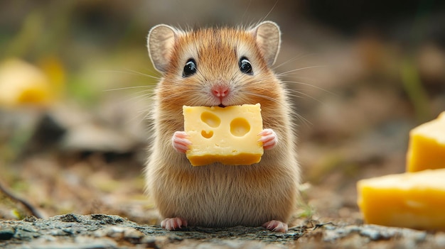 A cute fluffy mouse enjoys a piece of Swiss cheese captured in a natural outdoor setting