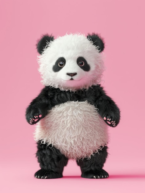 Photo a cute fluffy panda cub stands on a pink background