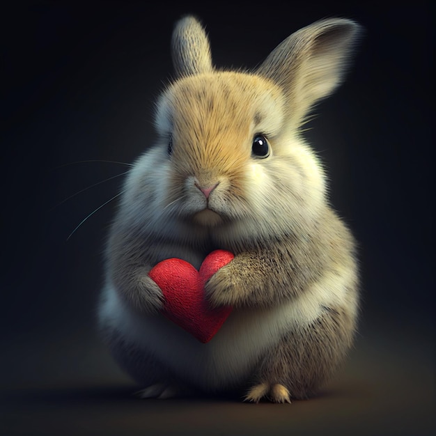 Cute fluffy rabbit hugging red heart Valentine's Day greetings from romantic bunny holding heart Generative AI