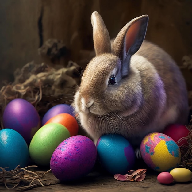 A cute fluffy rabbit sits surrounded by multi colored Easter eggs Easter design. Easter design