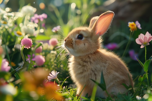 cute fluffy rabbit sitting in a blooming garden with flowers