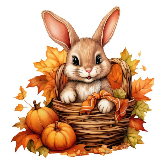 Cute fluffy rabbit in a wicker basket in autumn on a white background