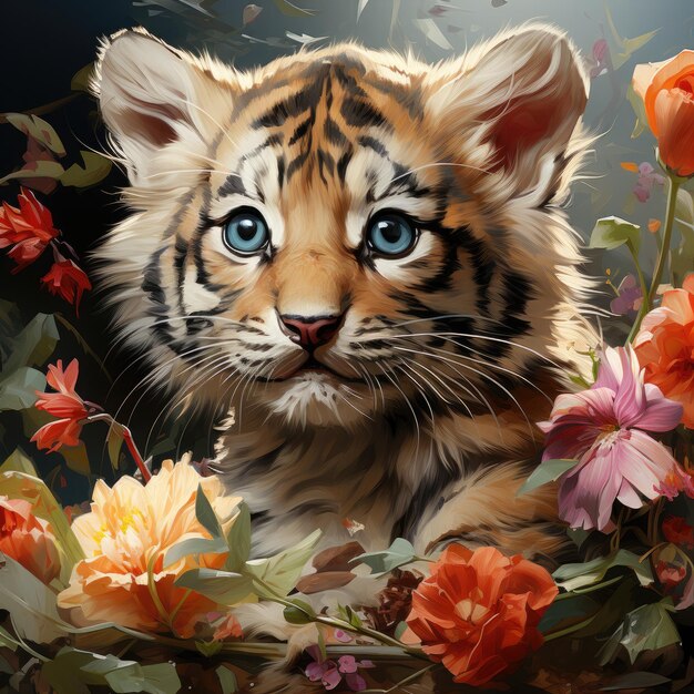 Cute fluffy tiger on a flower field