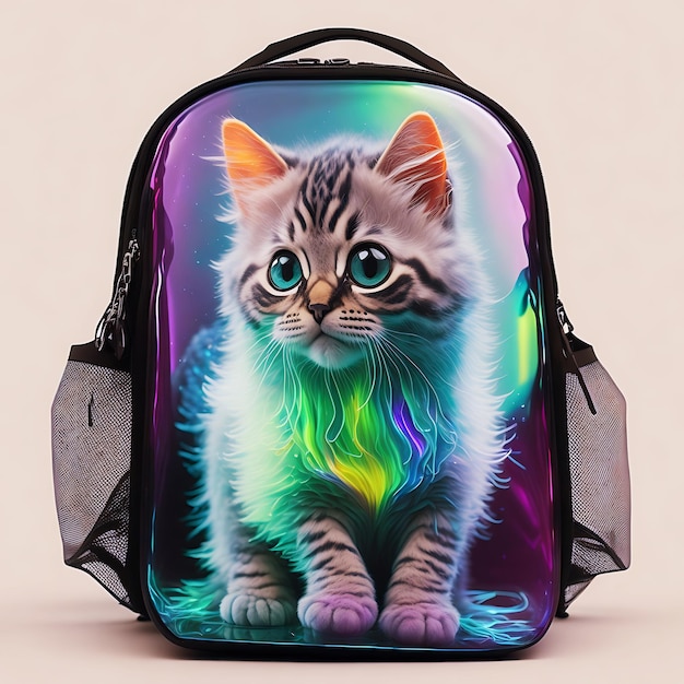 Cute fluffy vibrant cute cat sits inside a transparent backpack white background Generated AI