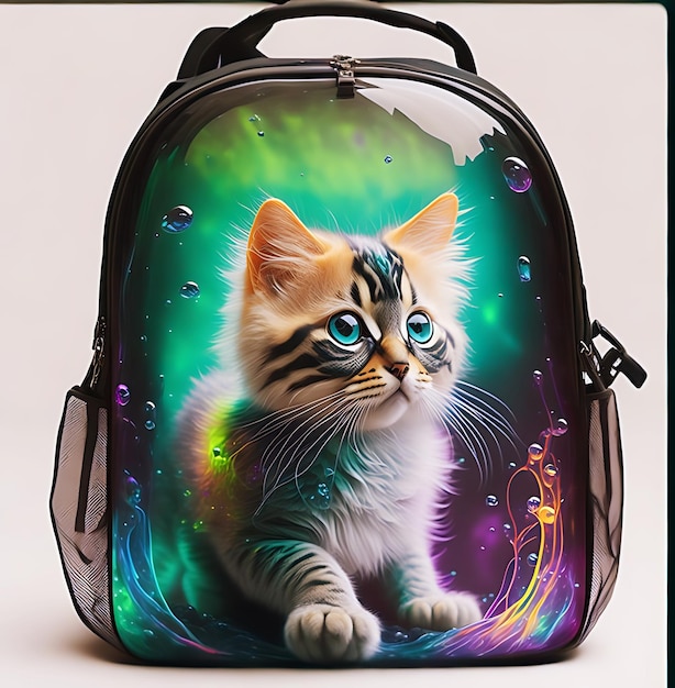 Cute fluffy vibrant cute cat sits inside a transparent backpack white background Generated AI