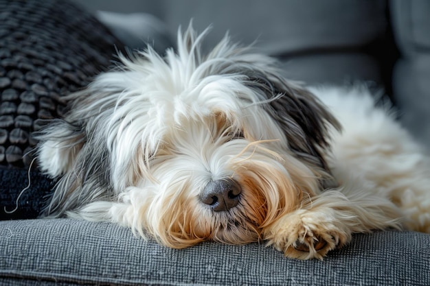 Cute Fluffy White and Brown Dog Sleeping Peacefully on a Grey Couch with Textured Cushion