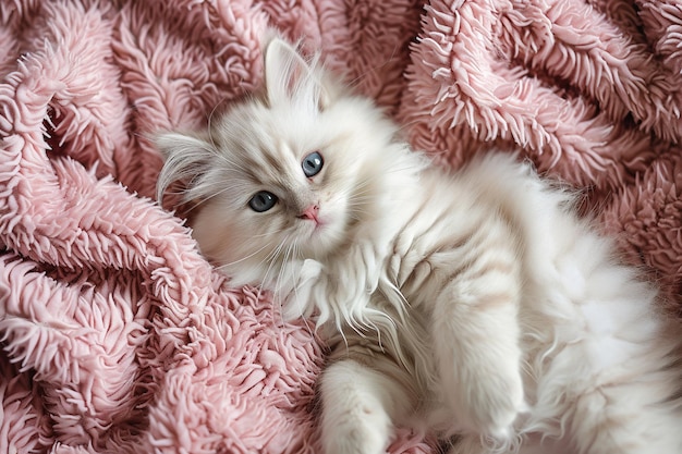 Photo cute fluffy white kitten resting on a warm fuzzy pink blanket