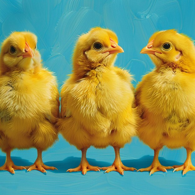 A cute fluffy yellow chickens on a blue background