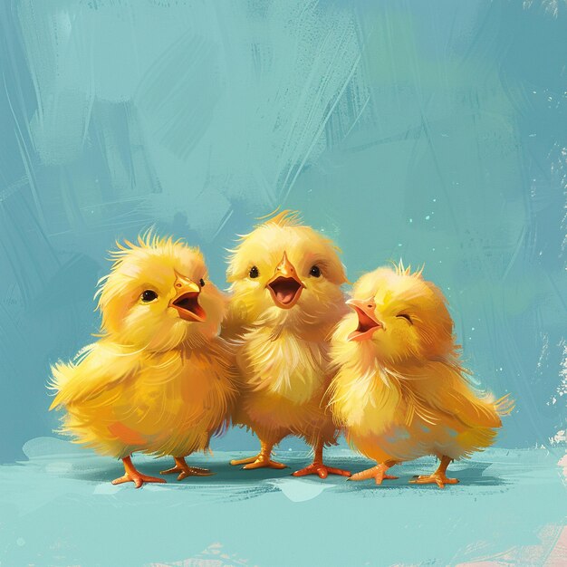 A cute fluffy yellow chickens on a blue background