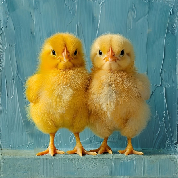 A cute fluffy yellow chickens on a blue background