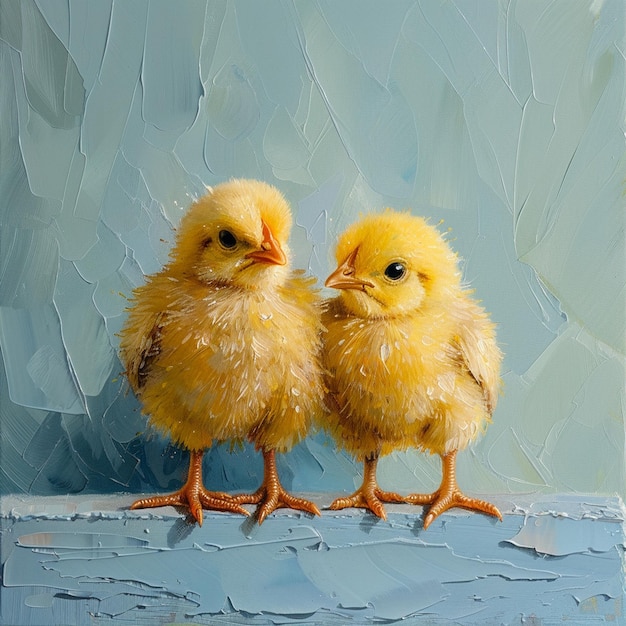 A cute fluffy yellow chickens on a blue background