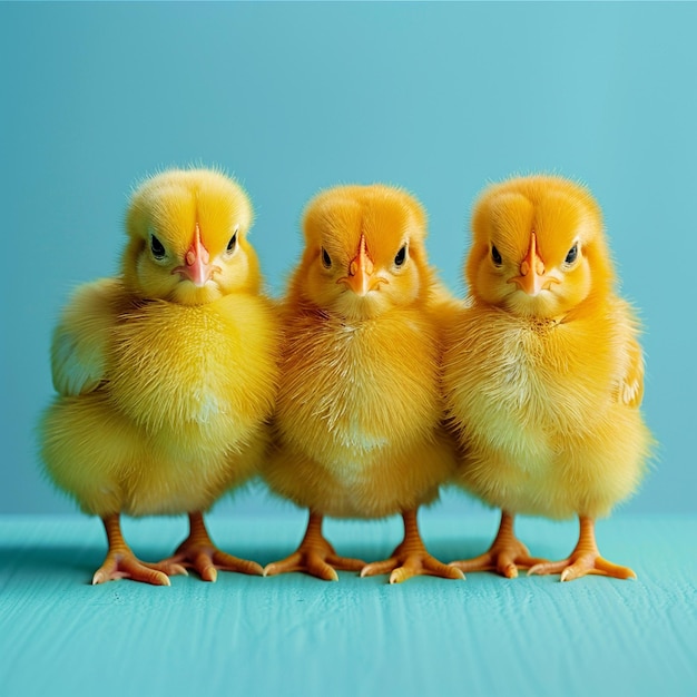 A cute fluffy yellow chickens on a blue background