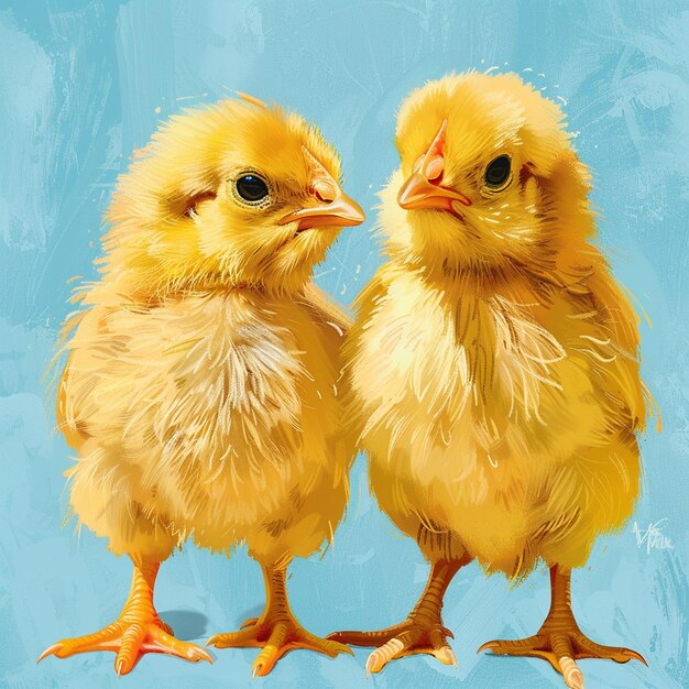 A cute fluffy yellow chickens on a blue background