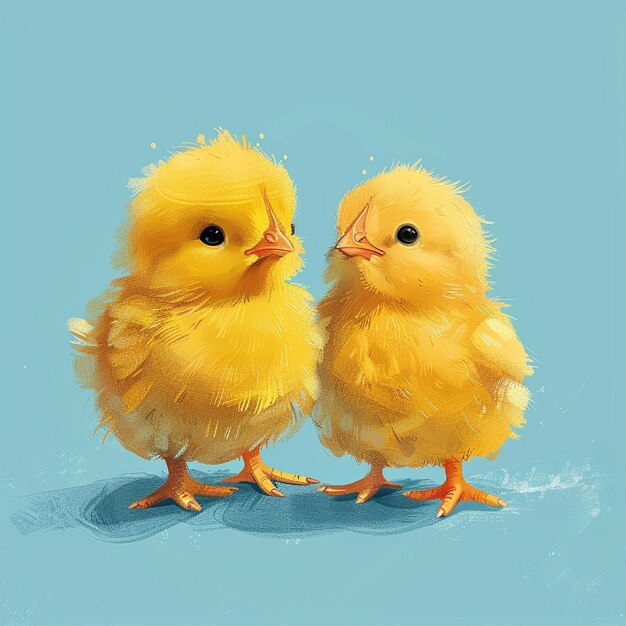 A cute fluffy yellow chickens on a blue backgroundd