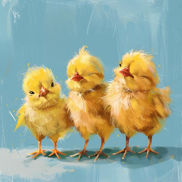 A cute fluffy yellow chickens on a blue backgroundd