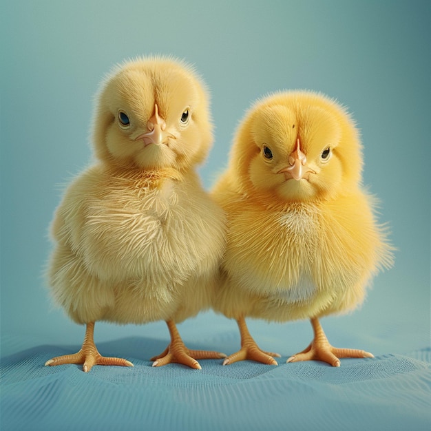 A cute fluffy yellow chickens on a blue backgroundd