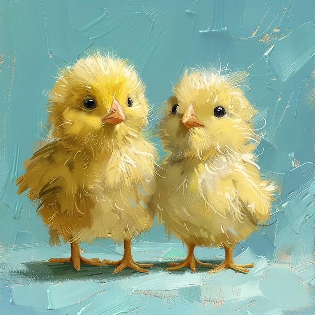 A cute fluffy yellow chickens on a blue backgroundd