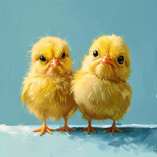 A cute fluffy yellow chickens on a blue backgroundd