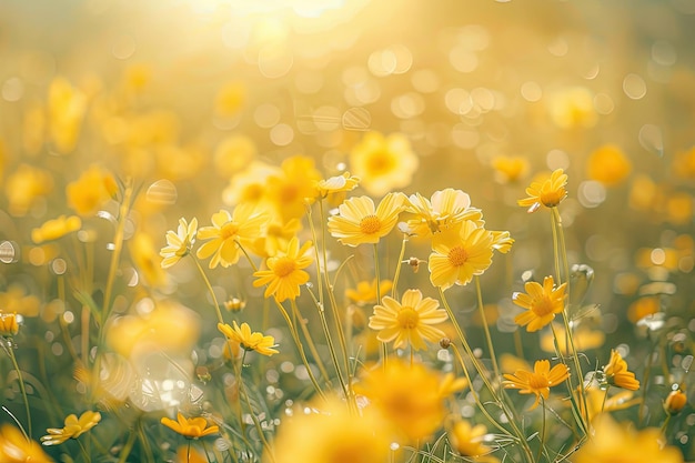 Cute Fluffy Yellow Wildflowers in Meadow on Sunny Day