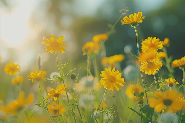 Cute Fluffy Yellow Wildflowers in Meadow on Sunny Day