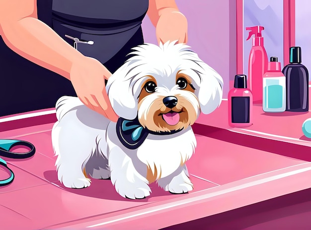 Photo cute flurry puppy being groomed by expert dog hairdresser at salon