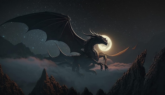 Cute flying dragon night sky distance images Generative AI