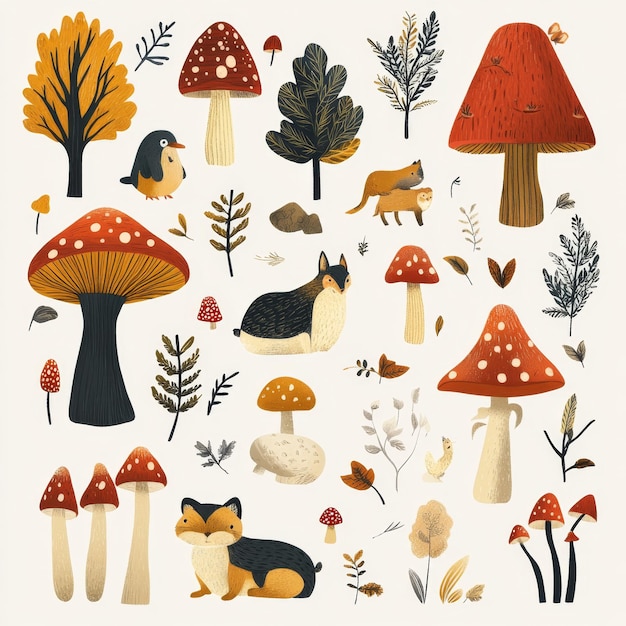 Cute Forest Animals and Mushrooms Illustration Clipart