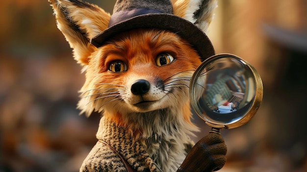 Photo a cute fox in a detective hat and coat holds a magnifying glass looking intently at the viewer