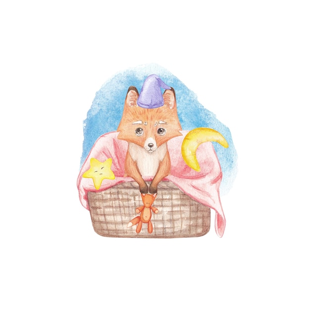 A cute fox is sitting in a basket with a watercolor on a white background children's illustration