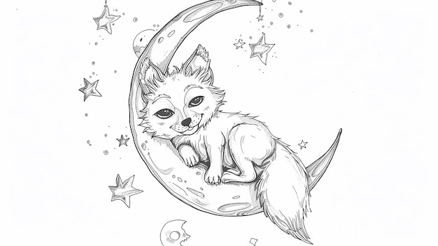 Cute fox on moon cartoon coloring pages for kids