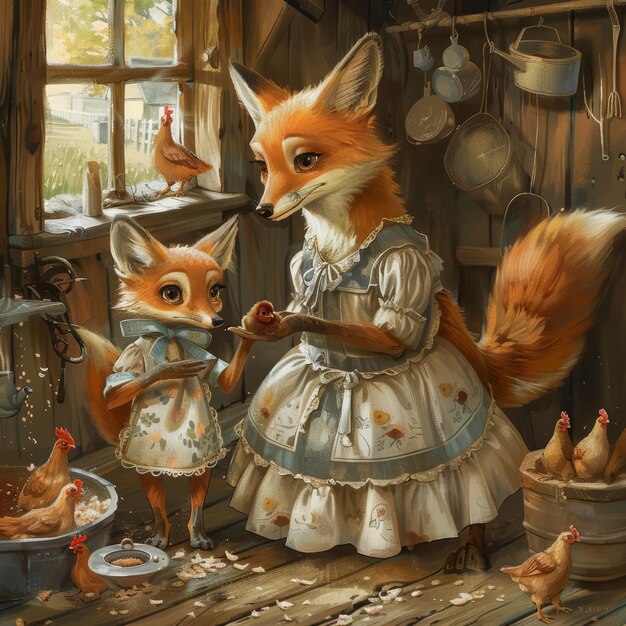 A cute fox mother and her daughter in a chicken coop caring for the chickens