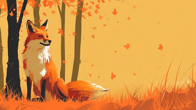 A cute fox sits in a forest with falling autumn leaves