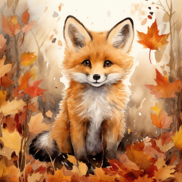 A cute fox sitting in the autumn forest with leaves