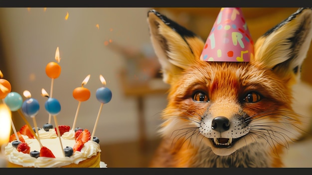 Photo a cute fox wearing a party hat smiles happily next to a birthday cake