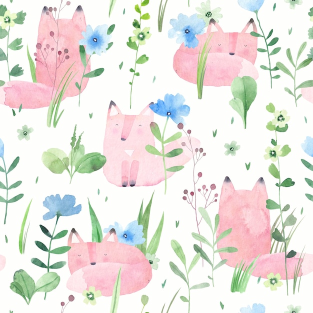 Cute foxes in the meadow with blue flowers Watercolor seamless pattern Creative childish background