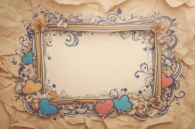 Cute frame in doodle style on crumpled paper background