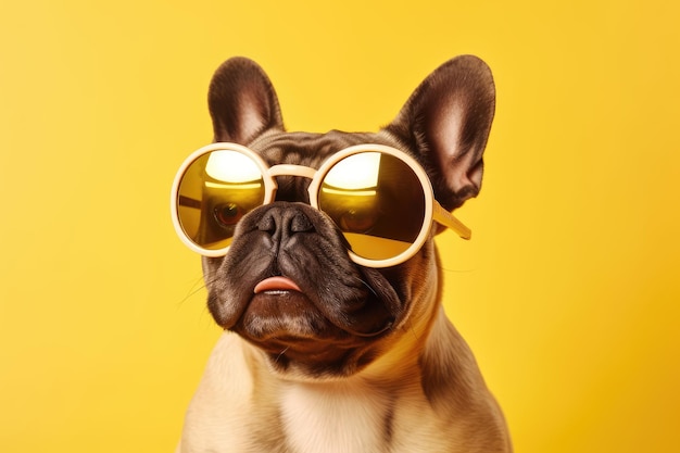 cute French bulldog dog portrait wearing a XXL sunglasses generated by AI